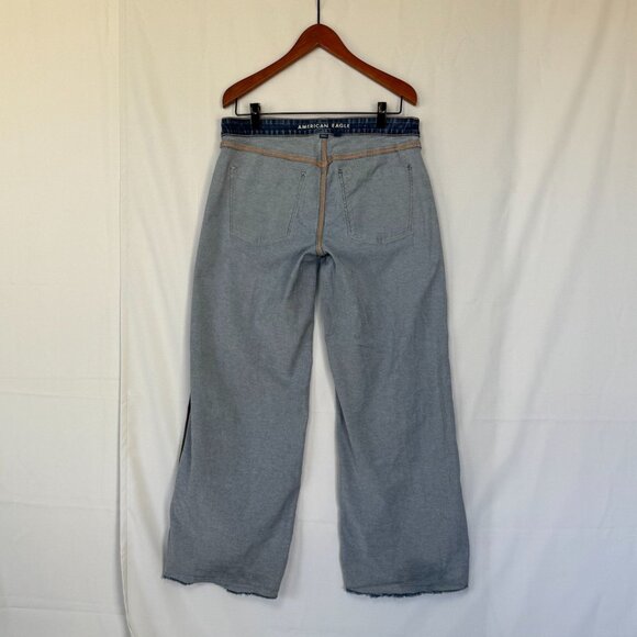 AE Stretch Low-Rise Baggy Wide-Leg Raw Hem Med Blue Denim Jeans Size 12 Long - Picture 10 of 15